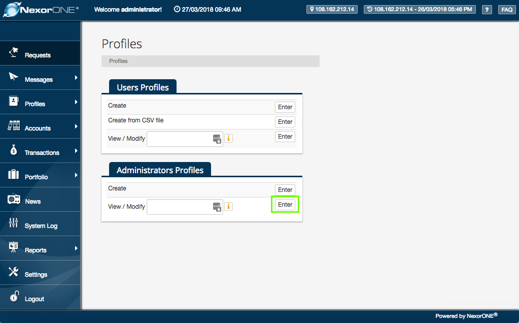 ... Click on the 'View / Modify' button under Administrators Profiles